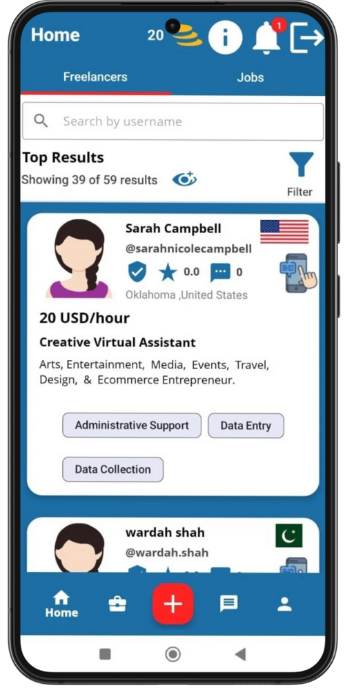 ToWorky mobile app interface showing freelancer features